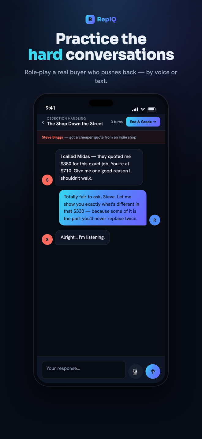 RepIQ — practice the hard conversations with AI role-play