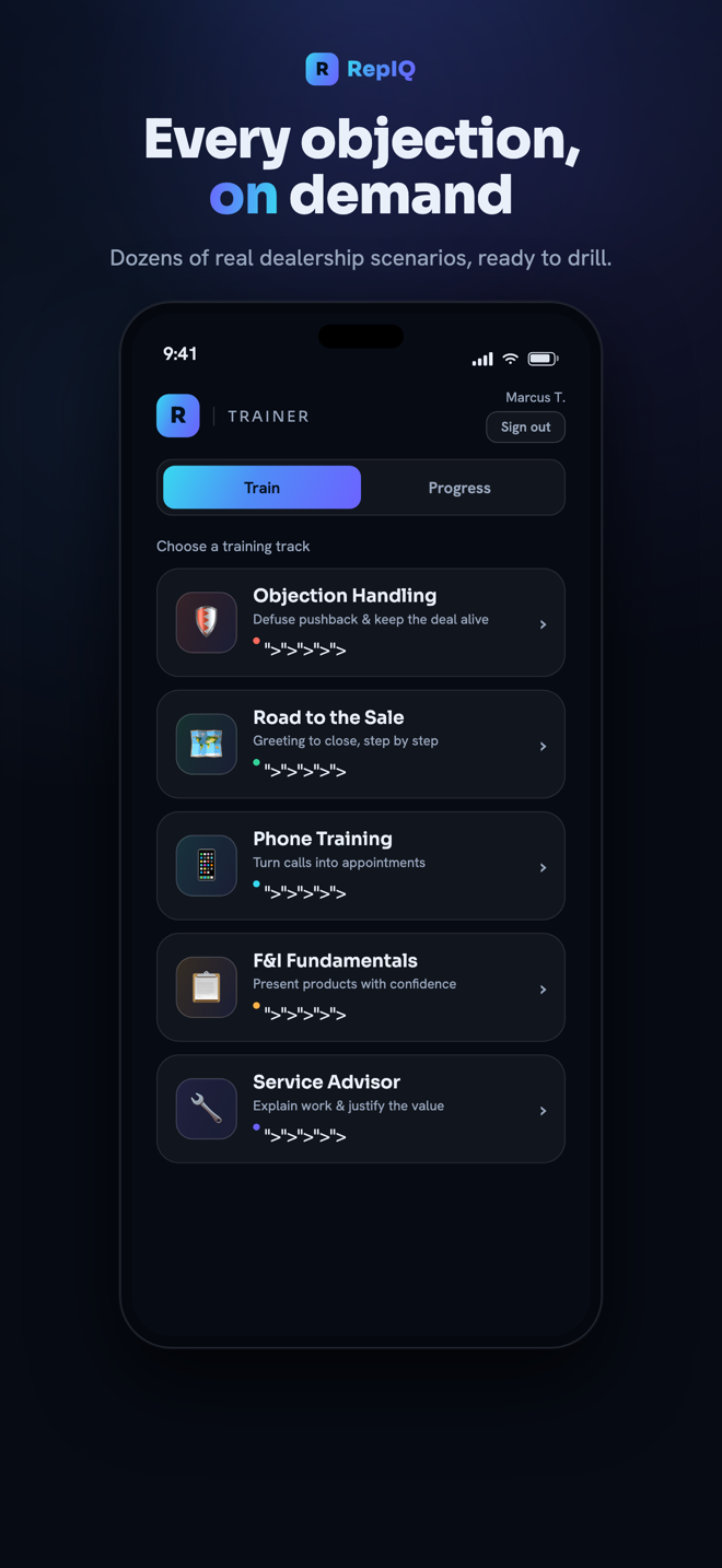 RepIQ — choose from realistic dealership scenarios