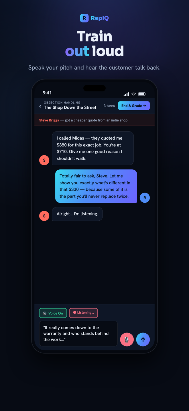 RepIQ — practice out loud by voice or by text